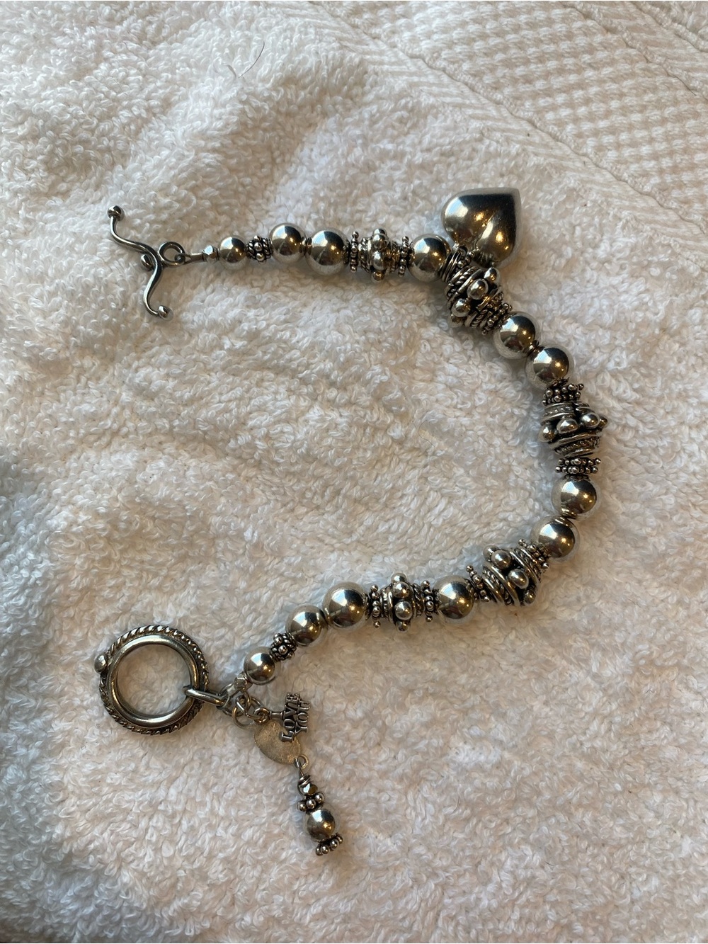 Silver Beaded Heart Charm Bracelet with Toggle Clasp